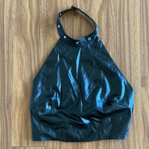 Fashion Nova Shiny Black Faux Leather Halter Tank Top